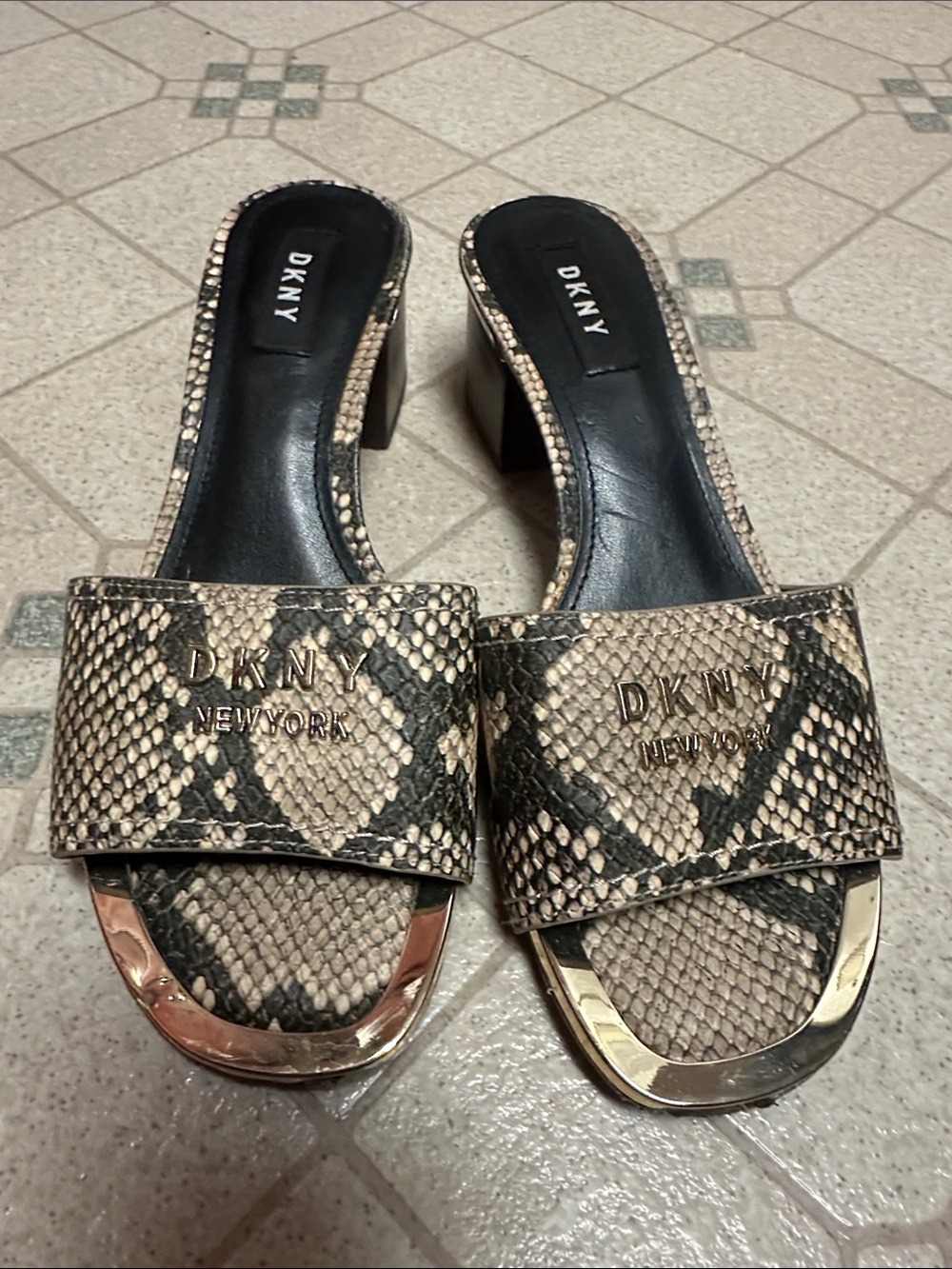DKNY Snake-Print Slide Mules in Tan and Black with Gold Accents
